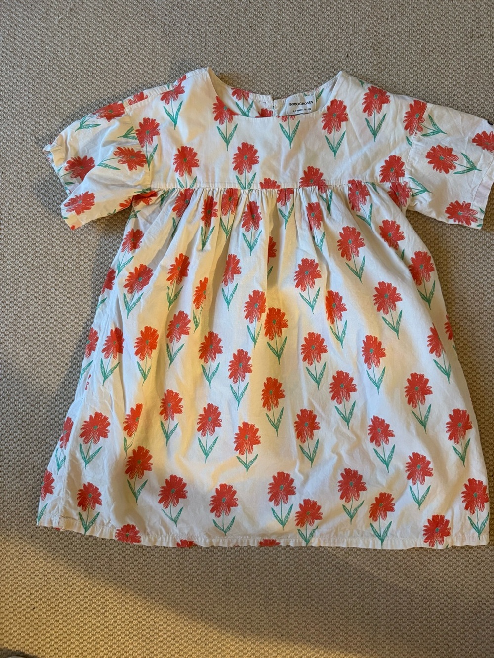 Bobo Choses Kids Floral Cotton Dress - White with Red Flowers - size 6/7